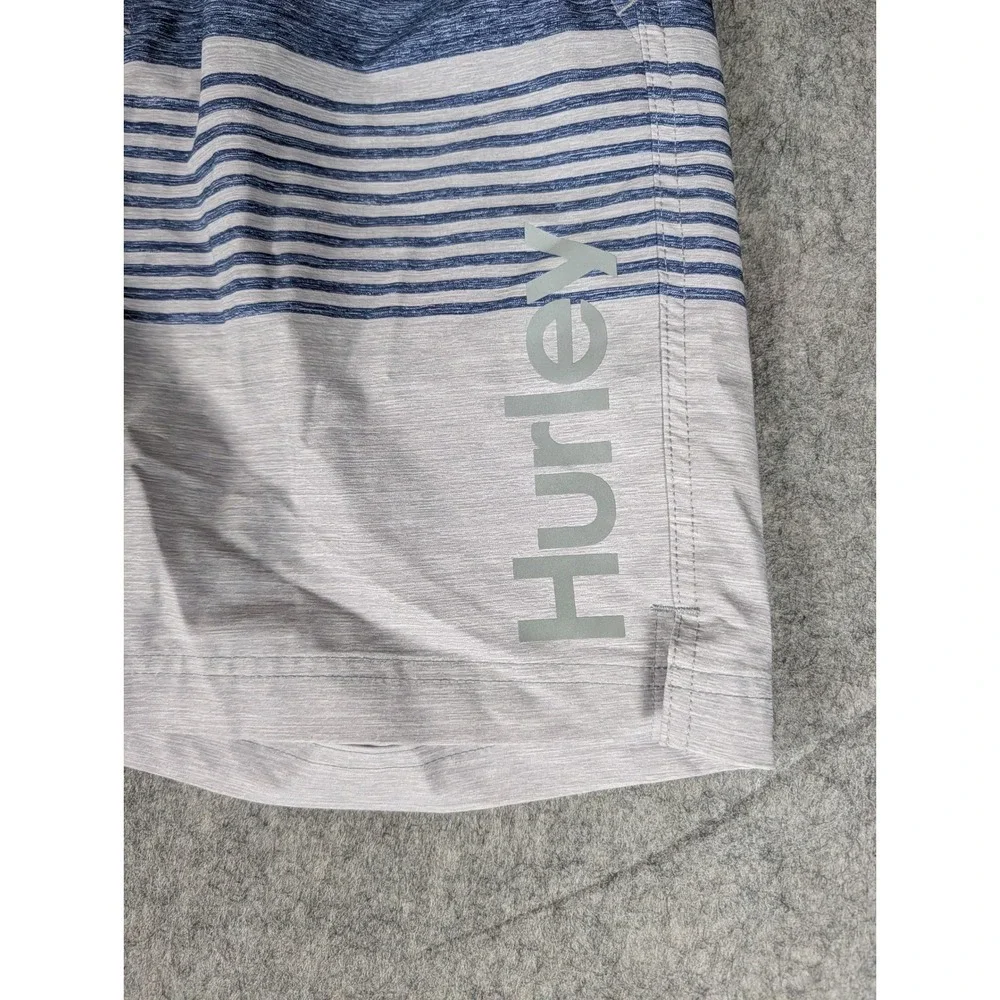 Hurley Mens Striped Board Shorts Blue Grey Elastic Waist Swim Trunks L